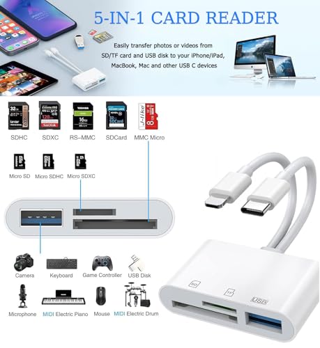 USB C SD Card Reader for iPhone, iPad, Lightning Dual Port SD Card Adapter, Memory Card Readers for Digital Camera Adapters, Support SD, Micro SD, USB3.0, Plug and Play