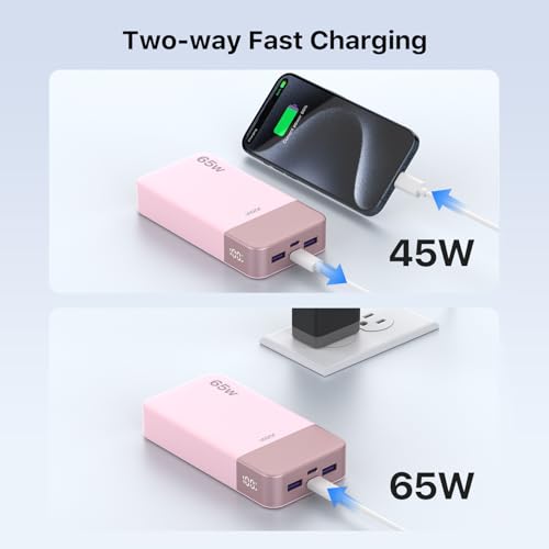 JUOVI Portable Charger 65W Power Bank 20000mAh Compact USB C Laptop Power Bank Fast Charging Battery Pack for Laptop MacBook Dell XPS iPad Tablet Steam Deck iPhone 17/16/15/14 Series Samsung and More - color: Pink