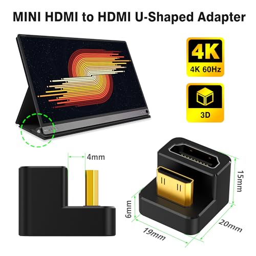 AGVEE 180 Degree USB-C to C Adapter & U-Shaped Mini HDMI to HDMI Converter | Angled HDMI 2.0 4k@60HZ Coupler Extender Extension Adaptor Accessories for Portable Display Monitor - size: 1 Pack Long Side Inward