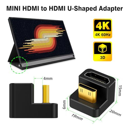 AGVEE 180 Degree USB-C to C Adapter & U-Shaped Mini HDMI to HDMI Converter | Angled HDMI 2.0 4k@60HZ Coupler Extender Extension Adaptor Accessories for Portable Display Monitor - size: 1 Pack Long Side Inward