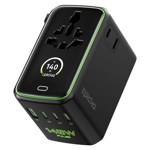 Epicka Pulse Duo 140W Universal Travel Adapter PD 3.1, 2AC/2USB-C/2USB-A | International Power Adapter with Smart Display, 3.28ft Cable, PPS Fast Charging for MacBook/iPhone - style: Pulse Duo 140W with Smart Display