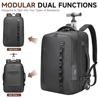 2-in-1 Detachable Carry On Rolling Backpack - Splits into Two Bags for Travel, 50L Wheeled Backpack with 17.3″ Padded Laptop Sleeve, USB Charging Ports, Waterproof Luggage Suitcase