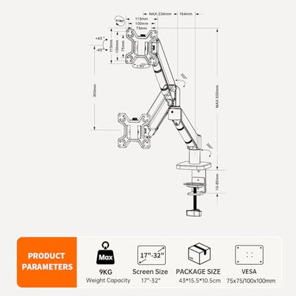 Single Monitor Mount for 17-32 Inch Screens, Gas Spring Monitor Arm Desk Mount with Full Motion Adjustment, Supports 4.4-19.8 lbs Monitors, VESA 75x75/100x100, C-Clamp & Grommet Base