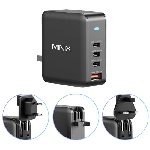 MINIX 165W USB C Charger, 140W PD 3.1 GaN Fast Charging Station for MacBook | 4-Port Travel Power Adapter (US/EU/UK Plugs) for MacBook Pro 16", iPad Pro, iPhone 17 16 Pro Max, Galaxy S25 S24, Steam Deck