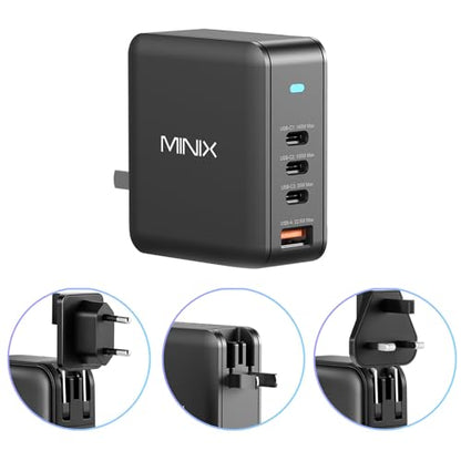 MINIX 165W USB C Charger, 140W PD 3.1 GaN Fast Charging Station for MacBook | 4-Port Travel Power Adapter (US/EU/UK Plugs) for MacBook Pro 16", iPad Pro, iPhone 17 16 Pro Max, Galaxy S25 S24, Steam Deck