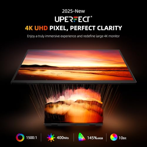 UPERFECT Portable Monitor 4K 24" QLED, 400 Nits 145% sRGB Large Monitor | 3840 * 2160 UHD | USB-C & HDMI | VESA & Stand | Second Screen for Computer, Mini PC, Game Consoles - size: 23.8"