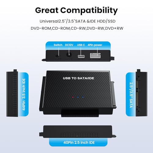 Hard Drive Reader USB 3.0 to SATA IDE Adapter, IDE SATA to USB + Type C External Hard Drive Adapter Data Recovery Converter Kit for Universal 2.5 3.5 HDD SSD Drive Disk, with 12V/2A Power Adapter