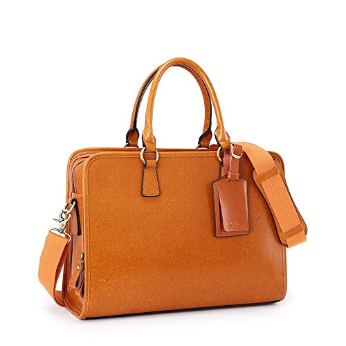 Kattee Genuine Leather Briefcase for Women, Large Capacity Laptop Bag | Genuine leather, spacious fits 14" laptop. Multiple pockets. Ideal for work, business travel - color: Brown