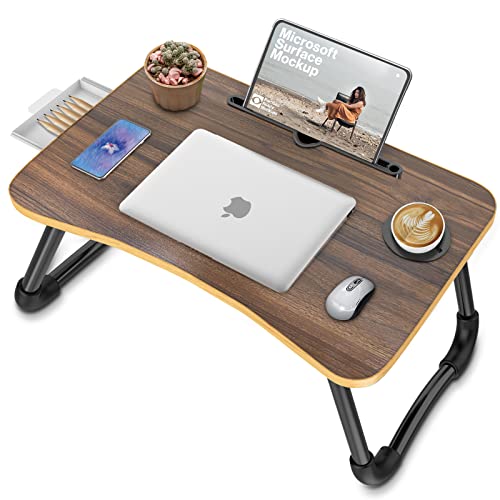 Zapuno Foldable Laptop Bed Table Multi-Function Lap Bed Tray Table with Storage Drawer and Water Bottle Holder, Serving Tray Dining Table with Slot for Eating, Working on Bed/Couch/Sofa - color: Beige1