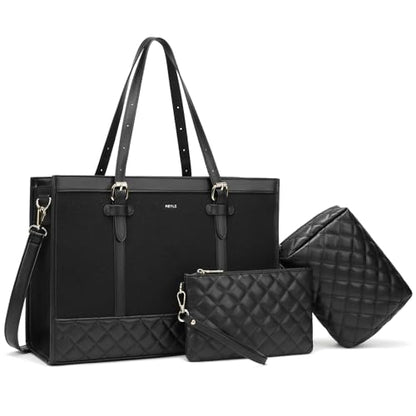 Keyli 3pcs Laptop Bag for Women,15.6 Inch Canvas Tote Bag Work Bags Large Business Computer Briefcase Shoulder Handbag Purse - color: S-black