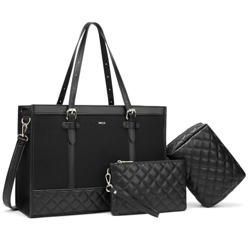 Keyli 3pcs Laptop Bag for Women,15.6 Inch Canvas Tote Bag Work Bags Large Business Computer Briefcase Shoulder Handbag Purse - color: S-black