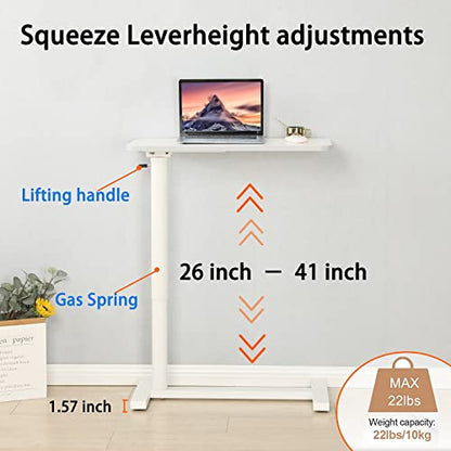 Height Adjustable Mobile Standing Desk - 90° Tiltable Storable Overbed Table, 30 inches Rolling Laptop Desk with Gas Spring Riser and Wheels for Offices, Home, Medical and School - color: White
