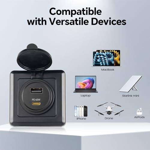 RV Dual USB Outlet, 65W PD 3.0 USB-C & 18W USB-A Charging Station, 12V USB Power Port for Laptops Tablets Drones, Aluminum Car Charger w/Black Bezel for Boat Camper Van Trailer - color: A+C/1 PACK