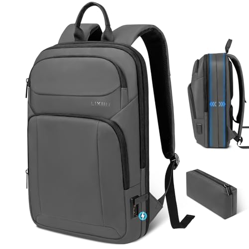 Backpack for Men Slim & Expandable Travel Laptop Backpack with USB Charging Port Water Resistant Anti-Theft Business Backpack Fits 17.3In Laptop for Commute Work College with Small Bag (Simple Gray) - color: Simple Gray, size: 17.3”