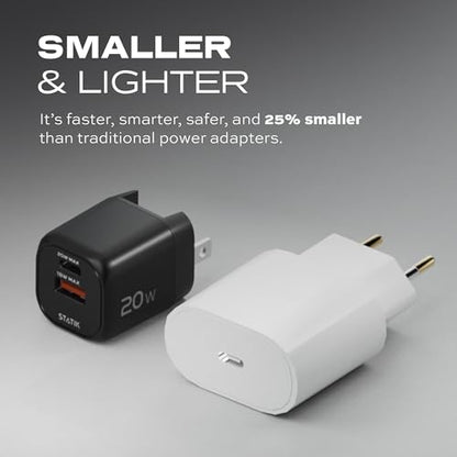 STATIK Fast-Charging GaN Power Adapter - 20W Dual USB C & USB - Foldable Compact Charger for iPhone, iPad, Samsung, Pixel - Smart Overheat Protection - Cable Not Included - size: 20W