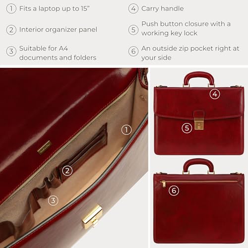 Time Resistance Leather Briefcase - Italian Handmade Leather Laptop Bag - Handbag for Men - Professional Computer Case - color: Red