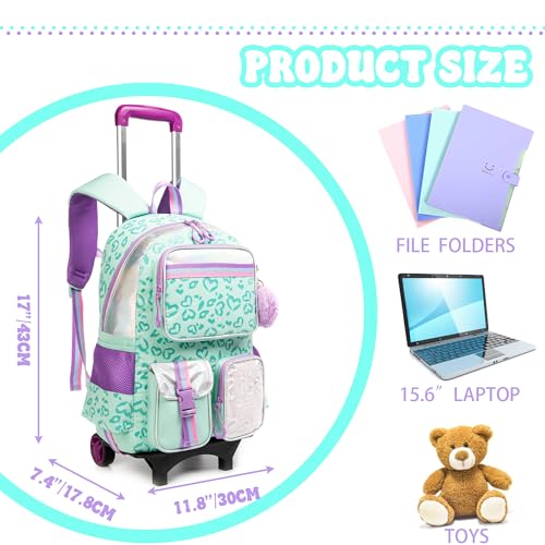 Meetbelify Backpack with Wheels for Girls Rolling Backpack Cute Carry on Backpack for Elementary Student - color: Love Green