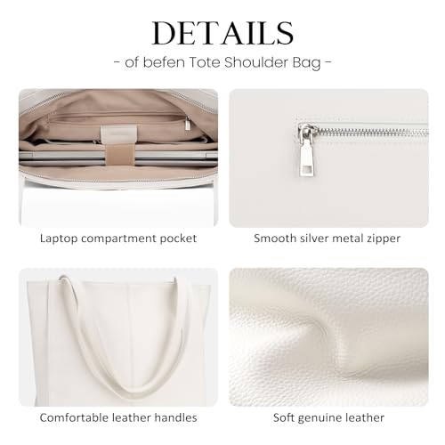 befen Genuine Leather Tote Bag for Women Work Travel Leather Purse Handbags | Real Leather, Padded 14" Laptop Compartment, Multi-Pockets, Zipper, Tote Bag for Daily - color: Beige White