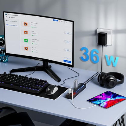 ONFINIO Powered USB Hub, 10-Port USB Splitter Hub | (7 Faster Data Transfer Ports+ 3 Smart Charging Port) with 12V/3A Power Adapter USB Extension for Mac, PC and More - style: 10 PORT QC 3.0