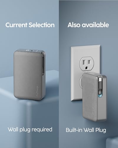 myCharge RetractaCharger 10000mAh Power Bank – 28" Retractable USB-C Cable | 30W PD Fast Charging | Digital Battery Display | USB-C/A Ports | Up to 60 Hrs Extra Power | Premium Grey Fabric - color: No Wall Plug
