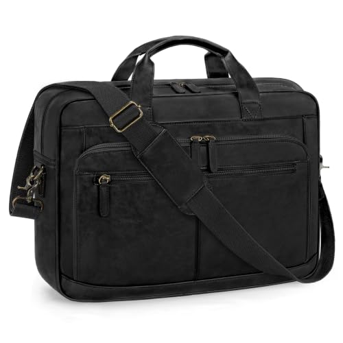 RAINSMORE Briefcase for Men, 16 Inch PU Leather Laptop Messenger Bag, Black | Water-Resistant Computer Bag with 13 Compartments, Luggage Strap and 3 Carry Options for Commute, Office & Travel, 3 colors - color: Black