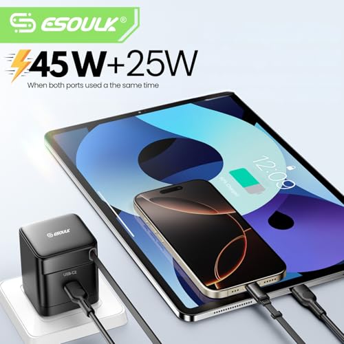 65W USB C Charger with Retractable Cable Dual Port Foldable Plug | 65W Fast Charging for Laptops Tablets and Phones, 27.5 Inch Built In Retractable USB C Cable, Dual USB C Ports