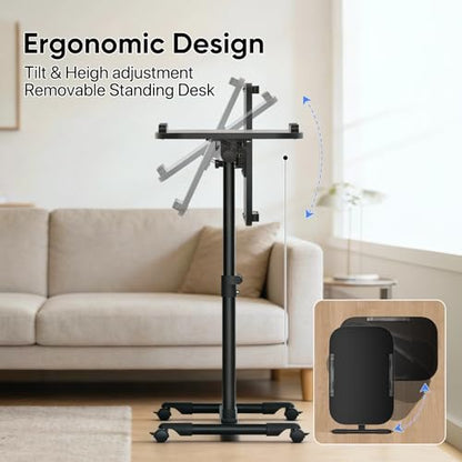 MoNiBloom Rolling Mobile Standing Desk 360° Rotatable Panel Adjustable Height 59''-89'' Portable Overbed Laptop Sofa Table Cart with Wheels for Offices Home Medical, Black - color: Black/Black