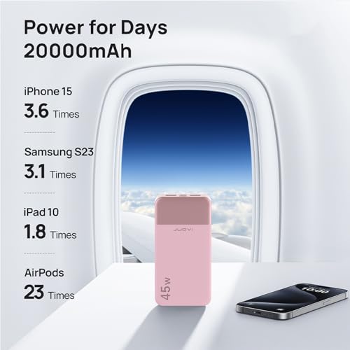 JUOVI Power Bank 45W 20000mAh Portable Charger USB C, PD QC Fast Charging 4-Port(2C+2A) External Battery Pack with LED Display, for iPhone 15 16 MacBook ipad | PD QC Fast Charging with 4 USB Ports(2C 2A), LED Display External Battery Pack for iPad Tablet