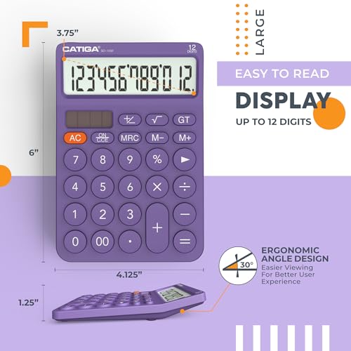 CATIGA 12 Digit Desktop Calculator Basic Desk Calculator with Large LCD Display, Big Buttons, 4 Function, Solar and Battery Dual Power, for Office, School, Home, SD-1292 Purple - color: 7) Purple