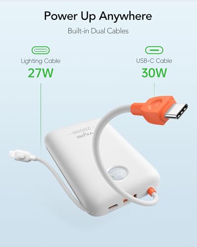 VIYISI Portable Charger 20000mAh 30W Fast Charging, White Aesthetic Power Bank with Built-in USB C & Lighting Cables, Compact Battery Pack Compatible with iPhone 17 16 15 Pro Max, iPad, Travel - color: White
