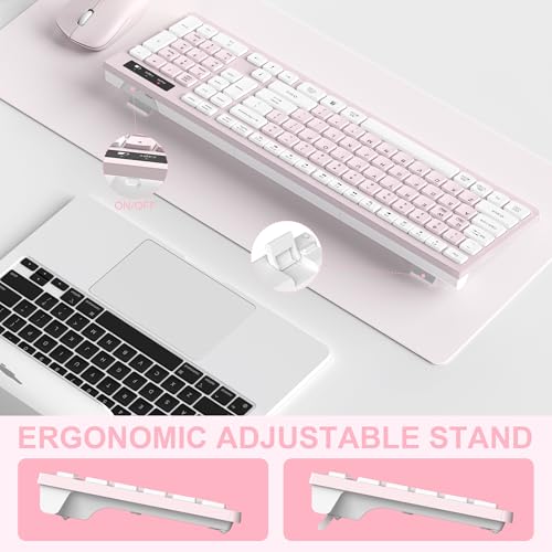 Wireless Keyboard and Mouse Combo, Reccazr 2.4G Full-Sized Keyboard and Mouse Cordless, 3 DPI Adjustable Mouse, Dual-System Keyboard for Computer/Laptop/Windows/Mac (Pink & White) | Silent 2.4G Full Size Cordless Keyboard with Tilt Legs,3-Level DPI Quiet