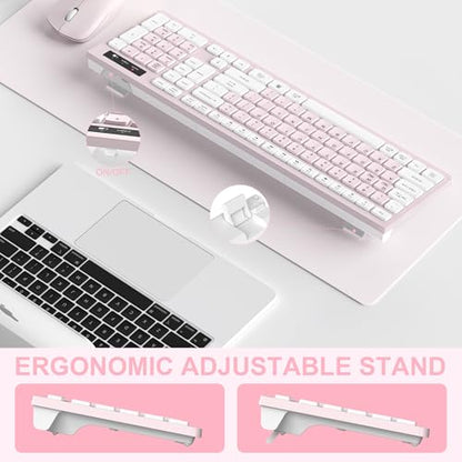 Wireless Keyboard and Mouse Combo, Reccazr 2.4G Full-Sized Keyboard and Mouse Cordless, 3 DPI Adjustable Mouse, Dual-System Keyboard for Computer/Laptop/Windows/Mac (Pink & White) | Silent 2.4G Full Size Cordless Keyboard with Tilt Legs,3-Level DPI Quiet