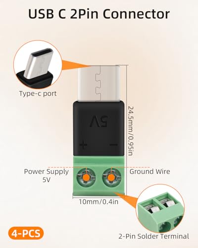 GELRHONR USB C to 2Pin Screw Terminal Adapter, 5V Type C to 2 Pin Solderless Converter Connector for DIY, USBC Repairment and Small Appliances, 4Pack (C Male to 2Pin) - style: C Male to 2Pin