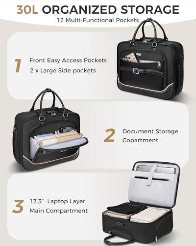 Ytonet Rolling Laptop Bag 18×14×8, Rolling Briefcase for Women with Accordion File Pockets, Anti Theft Underseat Carry On Luggage with wheels Fit 17.3 In Laptop for Travel Work Teacher Business, Black