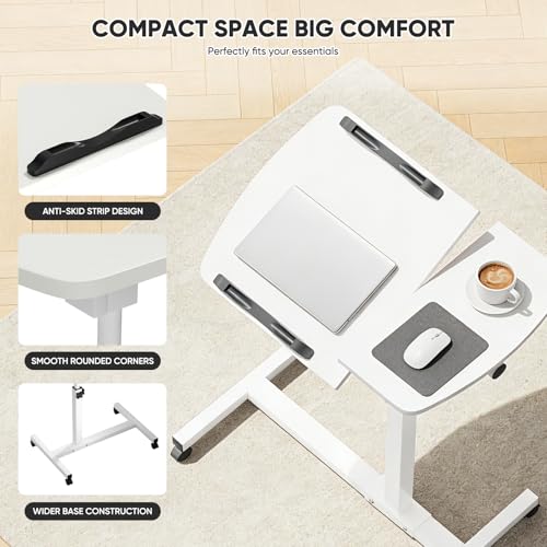 Magshion Tilt Overbed Bedside Table with Wheels, Rolling Laptop Desk with Mouse Table & Height Adjustment from 24" to 36", Sit to Stand Up, Mobile Standing Desk for Hospital Home Office, White Frame - color: White Fram, size: Split Desktop