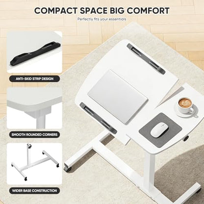 Magshion Tilt Overbed Bedside Table with Wheels, Rolling Laptop Desk with Mouse Table & Height Adjustment from 24" to 36", Sit to Stand Up, Mobile Standing Desk for Hospital Home Office, White Frame - color: White Fram, size: Split Desktop