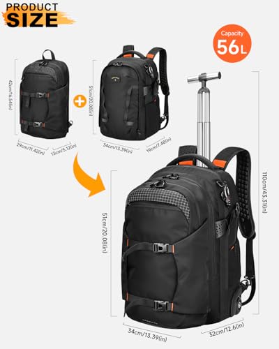 Rolling Backpack, 56L Large Backpacks with Wheels-Splits into Daypack & Laptop Backpack Fits 17 Inch Laptop,Water-Resistant & Carry-On Friendly for College,travel,camping,Weekender Hiking Black - color: Black, style: Rolling Backpack