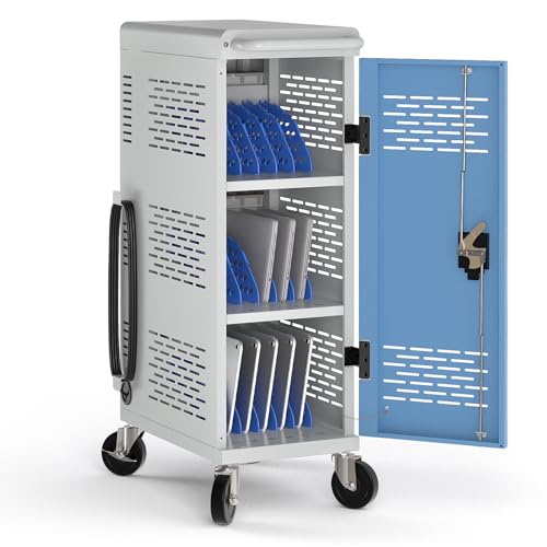 POCHAR Fully Assembled 18-Device Mobile Charging Cart for Chromebooks, Gray | Locking Laptop Cabinet with Cable Management, Cord Organization, Power Strip, Stores Tablets up to 14'' Screens