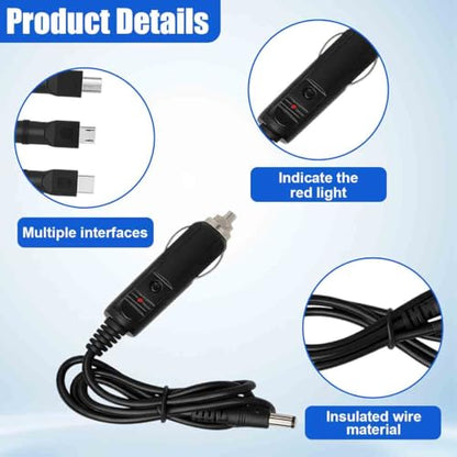 12V Car Charger with 5V DC Power Cable, DC 5.5mm x 2.1mm Cigarette Lighter Plug with 11 Connectors, Portable Auto Power Supply Cord Adapter for DVD Player, Camera, Bluetooth Speakers (Black)