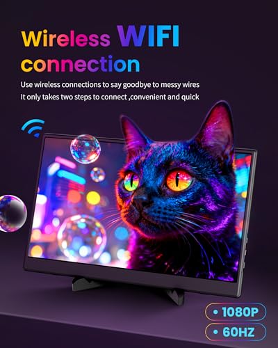 Portable Monitor 15.6 inch, Wireless Portable Monitor Support AirPlay Miracast, 1080P IPS Ultra Slim Travel Monitor with USB-C HDMI /VESA/Sleeve, External Monitor for Laptop/ PS4/5/Switch/Mac /Phone