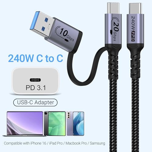 20Gbps Android Auto USB C Cable 1ft 2pack，2-in-1 USB C CarPlay Cable | 240W Fast Charge 20Gbps Data Transfer , Compatible with iPhone 17 15 Pro Max, Galaxy S23, Pixel 9 Pro XL - color: Silver, size: 1ft,1ft