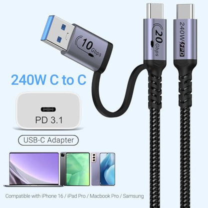 20Gbps Android Auto USB C Cable 1ft 2pack，2-in-1 USB C CarPlay Cable | 240W Fast Charge 20Gbps Data Transfer , Compatible with iPhone 17 15 Pro Max, Galaxy S23, Pixel 9 Pro XL - color: Silver, size: 1ft,1ft