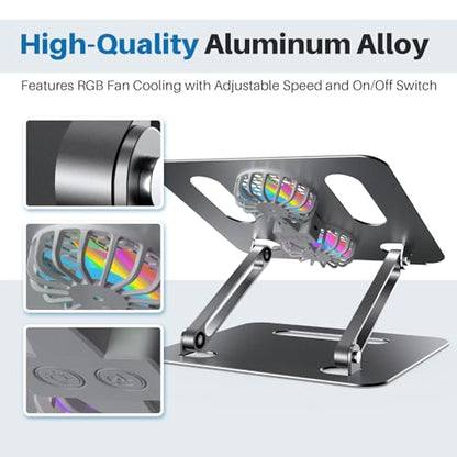 YICOSUN Adjustable Laptop Cooling Stand with 2 Quiet Fans & RGB Lighting, Aluminum Alloy & Foldable Ergonomic Design for MacBook, Lenovo, ASUS, Dell 10-16 Inch, Perfect for Gaming, DJ, Office - Gray - color: Gray