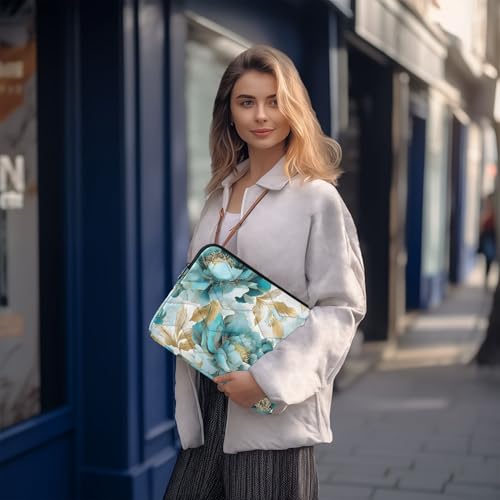 Turquoise Flower Laptop Sleeve 15 16 Inch Puffy Quilted Carrying Case Protective Computer Bag Waterproof Laptops Sleeve for Women Men - color: Turquoise Flower, size: Large