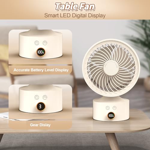 Desk Fan Small Oscillating for Bedroom, 9 Inch Quiet Desk Fan Air Circulator with 3 Speeds, 4H Timer, Rechargeable Desk Fan for Office/Dorm/Room-Beige