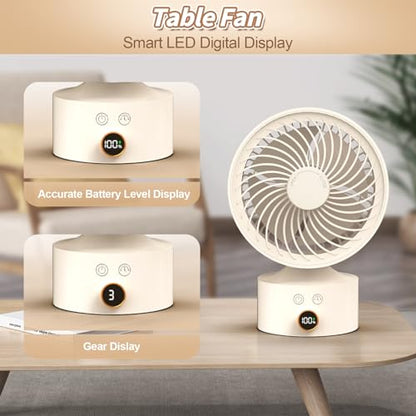Desk Fan Small Oscillating for Bedroom, 9 Inch Quiet Desk Fan Air Circulator with 3 Speeds, 4H Timer, Rechargeable Desk Fan for Office/Dorm/Room-Beige
