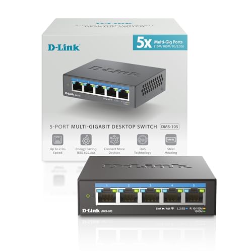 D-Link 5-Port 2.5GB Unmanaged Gaming Switch with 5 x 2.5G - Multi-Gig, Network, Fanless, Plug & Play (DMS-105),Black - size: 5 Port Multi-Gig 2.5Gb
