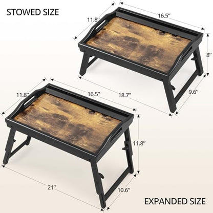 2 Pack Bed Tray Table with Adjustable Legs Breakfast Trays Serving Tray Bamboo Bed Laptap Floding Legs with Handles and Phone Holders - color: 2 Pack