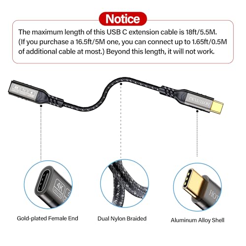 USB-C Extension Cable 16.5ft/5M, Male to Female Extender, Braided Data Cord, 100W PD Fast Charging, 20 Gbps - size: 16.5 ft