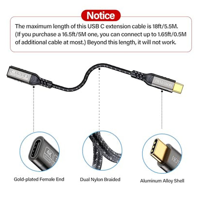 USB-C Extension Cable 16.5ft/5M, Male to Female Extender, Braided Data Cord, 100W PD Fast Charging, 20 Gbps - size: 16.5 ft